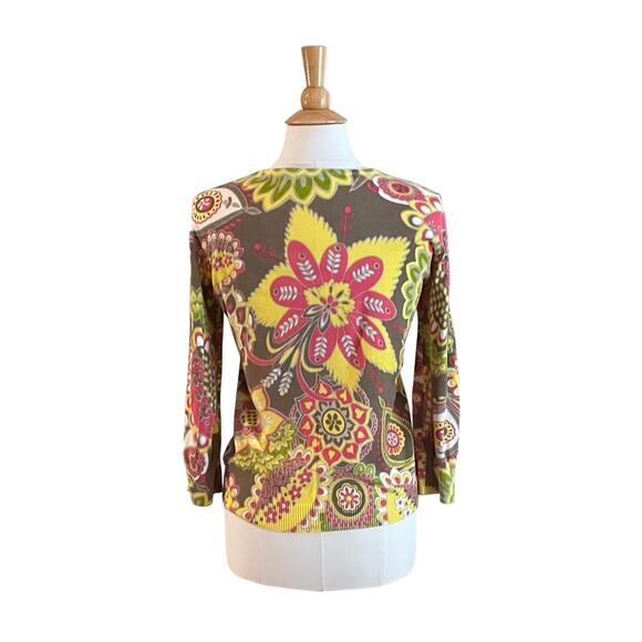 Peck & Peck Weekend Yellow Pink Floral Cotton Blend Crew Neck Cardigan, Size S - Picture 3 of 13